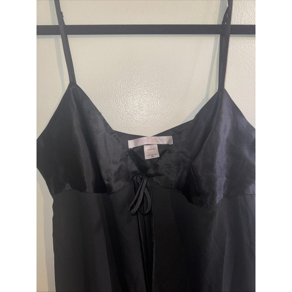 Vintage Victoria's Secret Black Satin Sheer Babydoll Slip Dress Medium Tie Front - Picture 2 of 8